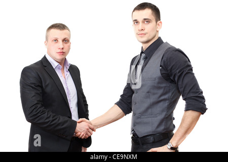 Zwei Geschäftsleute kaukasischen Händeschütteln über eine Sache isoliert auf weißem Hintergrund Stockfoto
