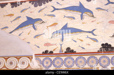 Fresko der Delphine, Bad Hall, minoischen Palast von Knossos, Rethymnon (Rethymno), Rethymno, Kreta (Kriti), Griechenland Stockfoto