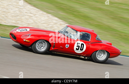 1961 Jaguar E-Type semi-Leichtgewicht im Fordwater Trophy-Rennen an der 2011 Goodwood Revival, Sussex, UK. Stockfoto