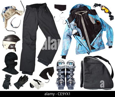 Der Satz aller notwendigen Frau Skifahrer Kleidung und Zubehör für Winterspaß im Freien, isoliert auf weißem Hintergrund Stockfoto