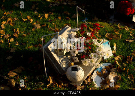 Blumen auf ein Grab auf einem Friedhof Stockfoto