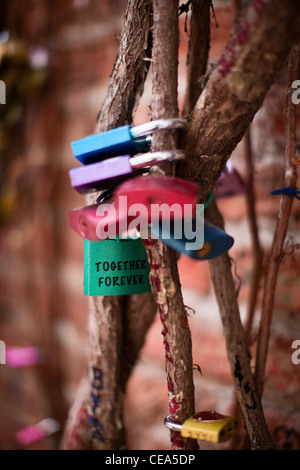 Liebesschlösser mit "Together Forever" auf eine im Innenhof unter Romeo & Julias Balkon geschrieben. Verona, Italien. Stockfoto
