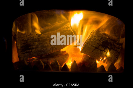 Protokolle in einem Holzofen brennt Stockfoto