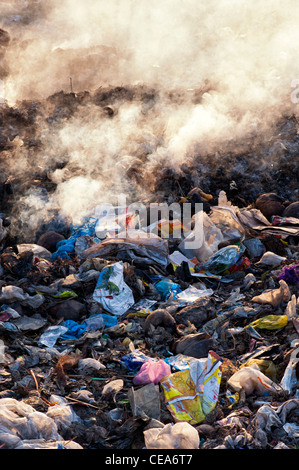 Haushalt Abfälle verbrannt am Straßenrand in Indien Stockfoto