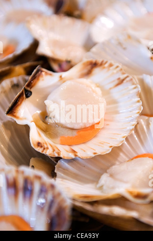 Borough Market London Fischhändler grosse saftige frische Jakobsmuscheln taxonomische Familie von Salzwasser clam marine Muschelart shell roe Fisch Eier Stockfoto