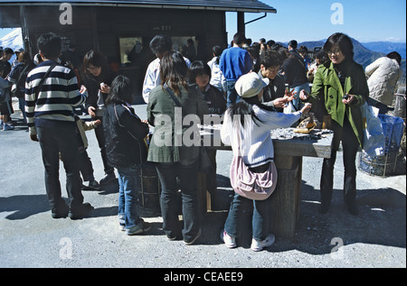 Besucher mit einem Picknick gemacht Eier gekocht in heiße Schwefelquelle, Hakone, Japan Stockfoto