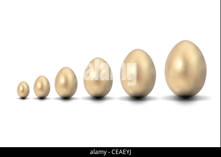 Sechs goldenen Eiern ausgehend von klein bis groß Stockfoto