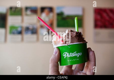 Eine Tasse von Pitango Gelato mit 2 Aromen im Stadtteil Fells Point von Baltimore, MD. Stockfoto