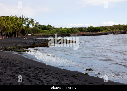 Black Sand Beach, Punalu'u Beach Park, ein geschützter Lebensraum für grüne Meer Schildkröten, Big Island, Hawaii Stockfoto
