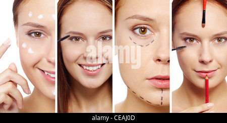 Junge, weibliche Schönheit Werkzeuge, Gesichtscreme und Punktion Linien auf Gesicht, Blick in die Kamera Stockfoto