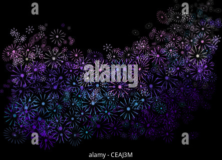 Abstrakte Darstellung Darstellung viele blasse blaue, violette und rosa Blüten auf schwarzem Hintergrund. Stockfoto