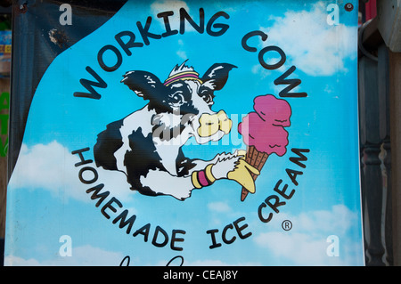 Hausgemachte Eiscreme-Schild in Cedar Key, Florida. Zeichentrickfilm Kuh Illustration mit rosa Eiskegel vor blauem Himmel Hintergrund. Stockfoto
