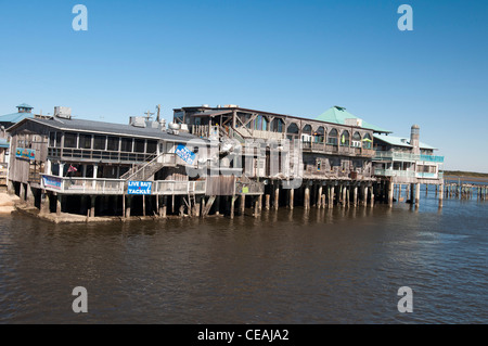 Waterfront Gebäude auf Stelzen in Cedar Key touristische Stadt, Golf von Mexiko, Florida, Vereinigte Staaten, USA Stockfoto