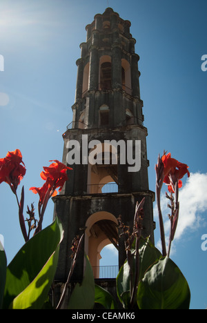 schöne Aussicht über die Blumen auf Turm de Inznaga Valle de Los Ingenios Salve Wachturm Provinz Sancti Spiritus-Kuba Stockfoto