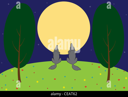 Illustration - Wölfe heulen auf dem Mond, auf der Waldwiese Nacht. Stockfoto