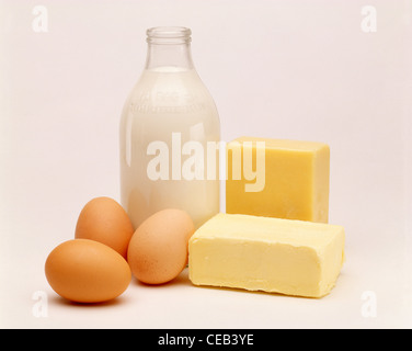 Auswahl an Milchprodukten (Eier, Milch, Butter und Käse), Greater London, England, Vereinigtes Königreich Stockfoto