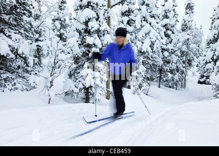 Bewegungsunschärfe von Frau Langlaufen auf Crow Pass Trail im Chugach State Park in der Nähe von Eagle River in Alaska. Stockfoto