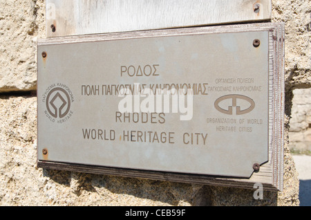 Weltkulturerbe-Stadt Rhodos Zeichen, Altstadt von Rhodos, Insel Rhodos, Griechenland Stockfoto