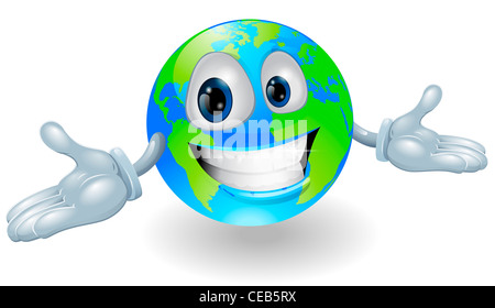 Abbildung eines lächelnden glücklich Globus Charakters mit Händen streckte Stockfoto