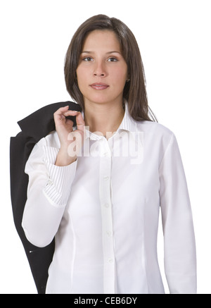 Bild von einem lächelnden Brünette lässig gekleidet in eine weiße Bluse. Stockfoto