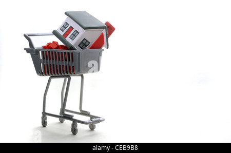 MUSTERHAUS IN SUPERMARKT EINKAUFEN TROLLEY RE HAUS KAUFEN IMMOBILIEN MARKT GEHÄUSE DES ERSTEN MALES BRITISCHEN WIRTSCHAFT HÄUSER ETC. Stockfoto