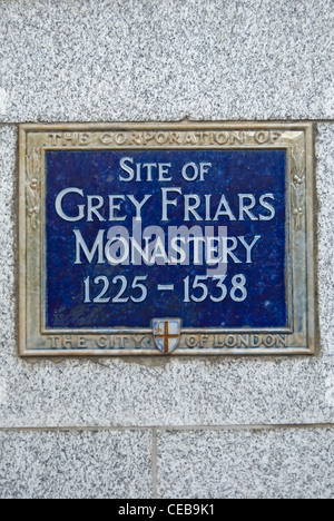 Stadt von London blue Plaque Kennzeichnung der 1225, 1538-Website der grauen Mönche Kloster, Newgate Street, London, england Stockfoto