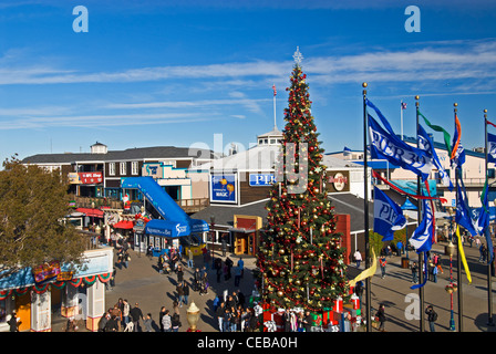 Weihnachtsbaum und Urlaub Dekor am Pier 39, San Francisco, Kalifornien Stockfoto