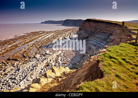 Dramatische blaue Lias rock Schichten am Strand von Kilve auf den Kanal von Bristol, Somerset, England, UK Stockfoto