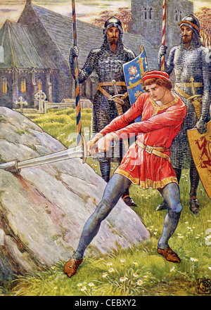 Arthur, unehelicher Sohn von König Uther Pendragon, zeigt sein königliche Blut durch ein Schwert aus einem Stein ziehen. Stockfoto