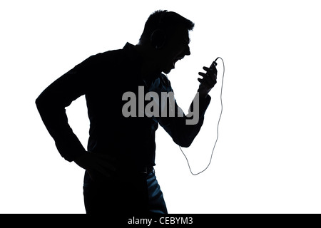 ein kaukasischer Mann Telefon Bildtelefon Porträt Silhouette im Studio isoliert weißen Hintergrund Stockfoto
