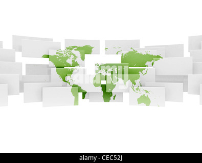 Grüne Weltkarte auf 3d Plätzen isoliert auf weißem Hintergrund Stockfoto
