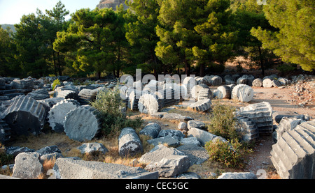 Gefallenen Spalten aus der Athena Temple in der alten Ionischen Stadt Priene Antalya Türkei Stockfoto