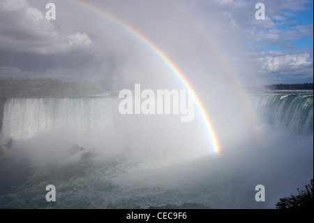 Doppelter Regenbogen bilden Gischt über den Horseshoe Falls in Niagara Falls. Stockfoto