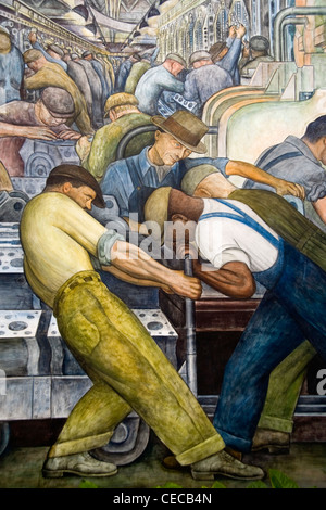 Schwarz / weiß Autoarbeiter schuften zusammen auf einem Fresko des mexikanischen Künstlers Diego Rivera Stockfoto