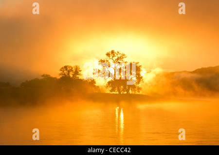 Sonnenaufgang am Morgen brennt durch den Nebel auf dem Missouri River am oberen Missouri River Breaks National Monument, Montana, USA Stockfoto
