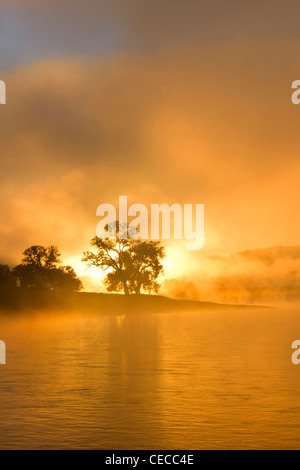 Sonnenaufgang am Morgen brennt durch den Nebel auf dem Missouri River am oberen Missouri River Breaks National Monument, Montana, USA Stockfoto