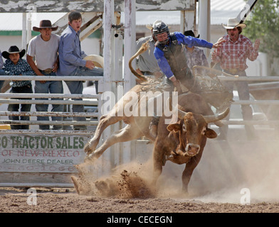 Socorro, New Mexico, USA. Teilnahme an der Bullenreiten Wettbewerb während der jährlichen Rodeo Konkurrent. Stockfoto