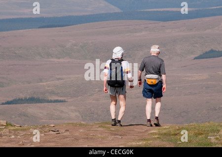 Zwei ältere Männer in Shorts zusammen laufen auf hoch exponierten sonnige Gipfel des Pen-y-Gent & Scenic rolling Hochland Hügel - North Yorkshire, England, Großbritannien Stockfoto