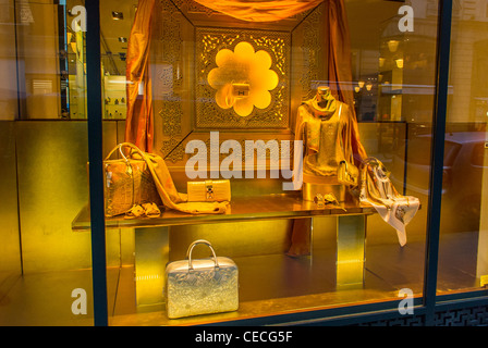 Paris, Frankreich, Detail, Schaufensteranzeige, Luxusmode Accessoires, Luxusgeschäfte auf der Rue Faubourg Saint Honoré, Hermés Boutique, Haute Couture Accessoires, Kleiderdesign Stockfoto