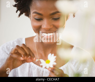 Schwarze Frau zupfen Blütenblätter von daisy Stockfoto