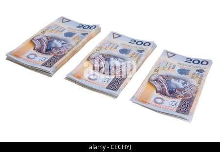 Stapel von zweihundert polnischen Złoty-Banknoten isoliert auf weißem Hintergrund Stockfoto