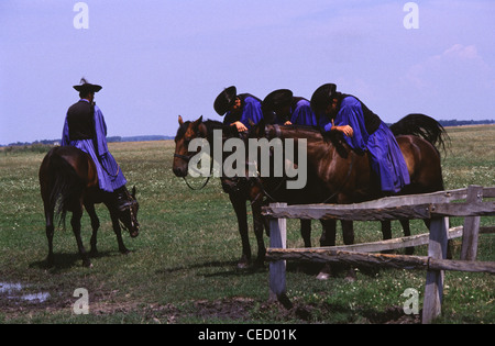 Csikos montiert Pferd - Hirten in der traditionellen Kleidung des Standorts am Nonius Pferderasse während einer Festveranstaltung in der Großen Ungarischen Tiefebene die Puszta von Hortobagy National Park in der Nähe von Debrecen Ostungarn genannt Stockfoto