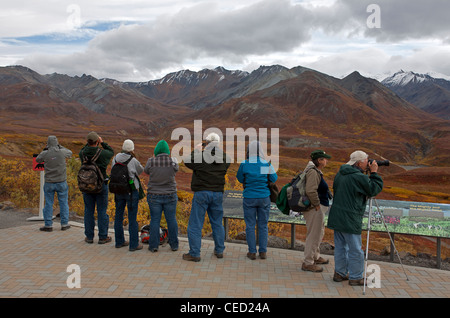 Touristen, die Landschaft zu fotografieren. Eielson Visitor Center. Denali-Nationalpark. Alaska. USA Stockfoto