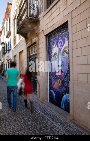 Funchal Altstadt Gemalte Türen auf der Rua de Santa MariaZona Historica madeira do Funchal Portas com Arte Doors mit Kunst in Funchal, Madeira, Portugal. Stockfoto