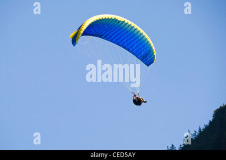 Horizontale Ansicht eines Gleitschirms mit einem leuchtend blauen Baldachin in den Himmel. Stockfoto