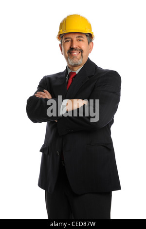 Hispano-Amerikaner Geschäftsmann tragen Bauarbeiterhelm isoliert auf weißem Hintergrund Stockfoto