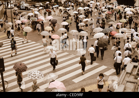 Fußgänger überqueren an Kreuzung Shibuya in Tokio, Japan, der weltweit verkehrsreichsten Kreuzung. Stockfoto