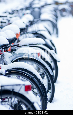 Viele Schnee bedeckten Fahrräder außerhalb Fitzwilliams College der Universität Cambridge. Stockfoto