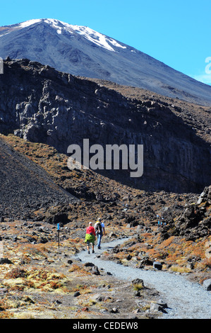 Wanderer auf der Tongariro Alpenübergang, Neuseeland mit Ngauruhoe jenseits Stockfoto