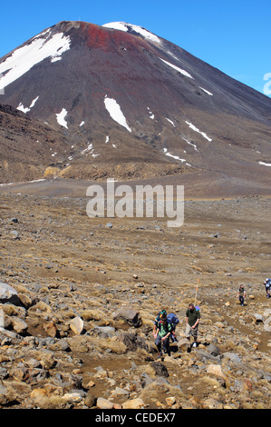 Wanderer auf der Tongariro Alpenübergang, Neuseeland mit Ngauruhoe jenseits Stockfoto